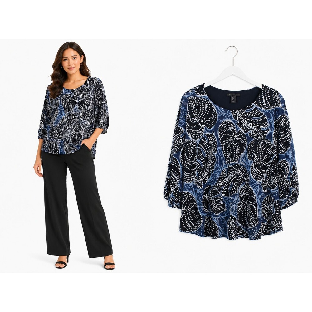 Tahari Mesh Top Tunic Size Large Blue Floral Abstract 3/4 Dolman Sleeve